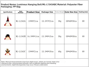 Detailed size chart for Christmas glowing reindeer gnome dolls with polyester fabric material