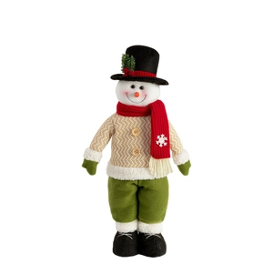 Plush Christmas snowman doll with retractable legs, red scarf, and festive green pants