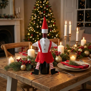 Detail van de handgemaakte elfenwijnfleshoes op een feestelijke kersttafelversiering