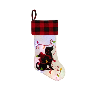 Lighted Christmas stocking with embroidered black dog silhouette and colorful LED lights