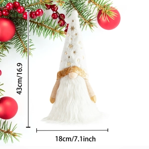 LED Christmas Gnome Tree Topper in white plush with gold star, size 43x18cm overall dimensions