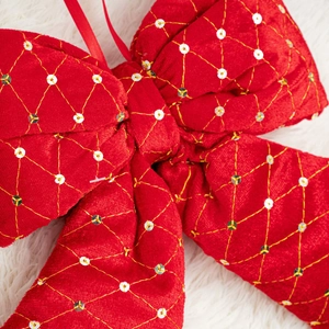Red velvet Christmas bow with gold diamond stitching and silver sequins for tree decor