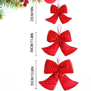 Red Christmas bows in three sizes 23cm 30cm and 35cm with gold embroidery for tree decor