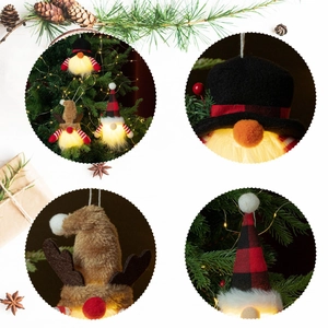 Detail showing glowing Christmas gnomes with reindeer antlers and buffalo plaid hats