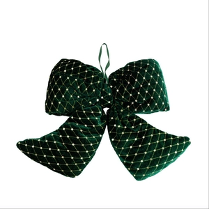 Deep green velvet Christmas bow with gold sequins and grid embroidery for tree decoration
