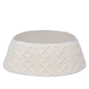 Creamy white cable knit Christmas tree collar skirt base with diamond textured pattern