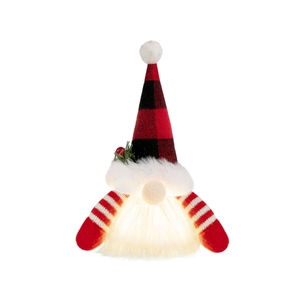 Lighted Christmas gnome plush with buffalo plaid hat and glowing white beard decoration