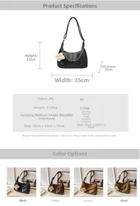 Detailed size chart and multi-color options for the large PU leather crossbody tote bag
