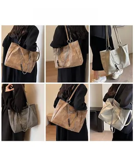 Detailed views of women wearing a large capacity tote bag with stylish chain accessories