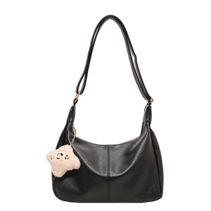 Large black PU leather crescent crossbody bag with plush star charm and gold hardware