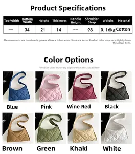 Tableau des tailles et couleurs pour le sac hobo en coton matelassé avec dimensions
