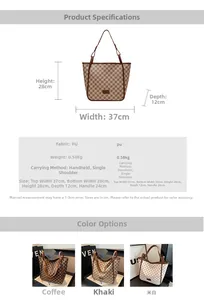 Detailed size chart for large PU tote bag showing dimensions and stylish color options