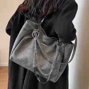 Women Large Capacity Tote Bag Textured PU Leather Simple Shoulder Bag With Metal Chain And Beads For Commuting Travel Street Style