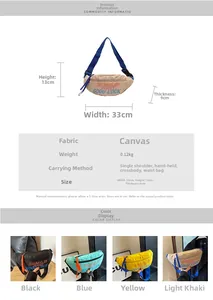 Gedetailleerde maattabel en kleurkeuzes voor de grote canvas crossbody tas voor dames
