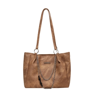 Minimalist brown PU leather tote bag with double chain and bead accents for women