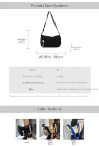 Detailed size specifications for a nylon pillow bag with adjustable fashion straps