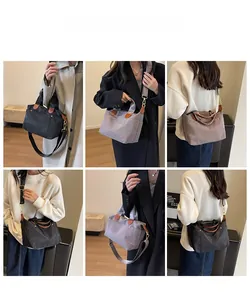 Collage of model showcasing various carrying styles of a versatile nylon tote bag