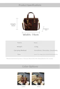 Fiche technique détaillée montrant la taille 19x16x9cm et deux sacs en laine à carreaux