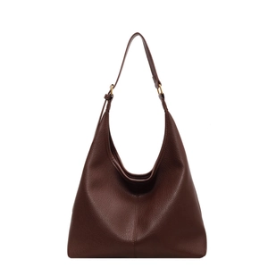 Large capacity dark brown pebbled leather hobo bucket bag with adjustable shoulder strap