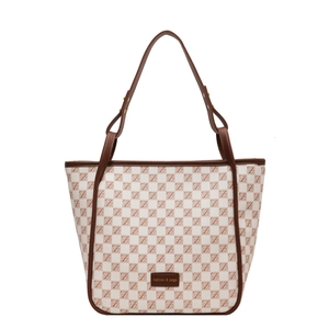 Large beige and brown checkerboard tote bag with stylish leather straps for daily commute