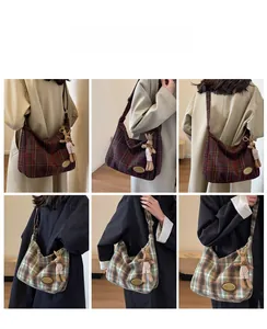 Model showcasing multiple angles of a retro plaid woolen dumpling bag with a bunny charm
