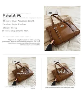 Detail showing brown PU leather tote bag capacity with dimensions 38x25cm and metal buckle