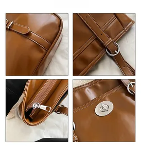 Detailed views of brown leather tote bag with white stitching and silver hardware