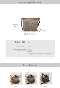 Detailed size specifications and material chart for this vintage PU leather bucket bag