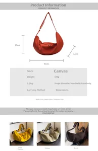 Spécifications de taille et vues multicolores pour ce grand sac croissant en toile