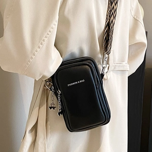 Petit sac bandoulière noir pour téléphone avec sangle géométrique et double fermeture