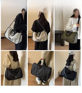 Collage of large nylon hobo bags in various colors showing shoulder and crossbody wear