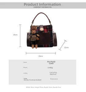 Detailed size guide and specifications for plaid bucket bag with rabbit charm detail