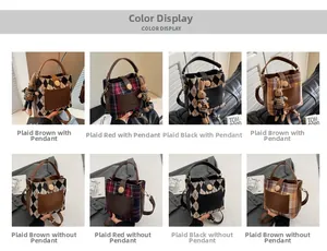 Multiple stylish bucket bags with checkered patterns and plush bunny charms displayed in grid