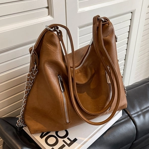 Vintage brown large capacity shoulder bag with silver chain and multiple zippers