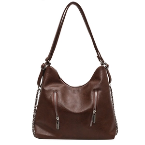 Brown retro large capacity chain shoulder bag with textured faux leather and zip detail