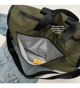 Close-up of army green nylon bag featuring a specialized waterproof dry and wet separation pocket