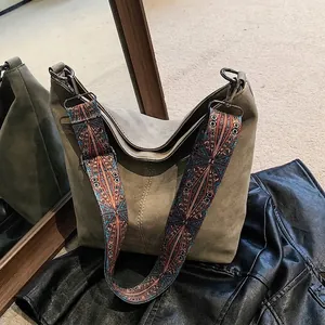 Women Retro Matte PU Leather Hobo Bag Large Capacity Ethnic Bohemian Wide Strap Shoulder Crossbody Bucket Bag Travel Purse