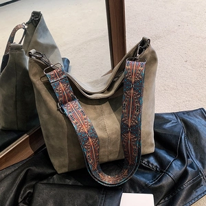 Retro olive green large capacity tote bag with ethnic style wide woven shoulder strap