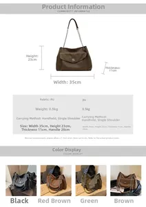 Detailed size specifications and material chart for large PU leather tote bag with chain
