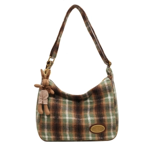 Retro woolen plaid shoulder bag with a knit bunny charm and vintage metal plaque