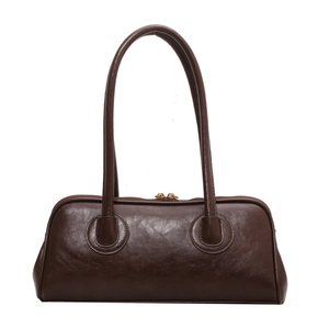 Vintage dark brown faux leather shoulder bag with glossy finish and gold zipper closure