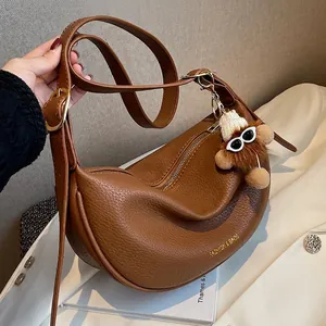 Women Litchi Grain PU Leather Hobo Bag Vintage Half-moon Crossbody Shoulder Bag With Plush Charm Casual Daily Handbag