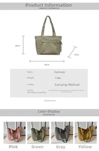 Detailed size chart and four-color display of large-capacity canvas tote bag