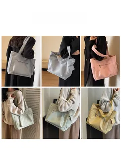 Collage of multi-color large capacity tote bags shown in various casual lifestyle poses