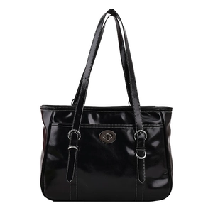 Large black patent leather tote bag with silver buckles and twist lock for women