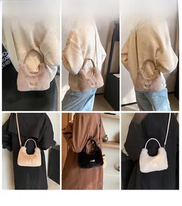 Detailed views of plush faux fur crossbody bags featuring metal hardware and top handles