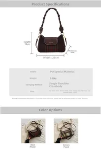 Close-up of checkered fabric shoulder bag with detailed size measurements and specifications