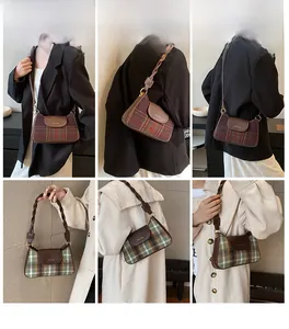 Detail showing vintage plaid shoulder bag with woven strap in retro college style
