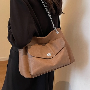 Classic dark brown PU leather chain shoulder bag with silver metallic rotary lock