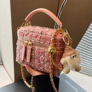 Women Tweed Plush Crossbody Bag Sequin Chain Handbag Elegant Small Square Box Bag With Monster Pendant